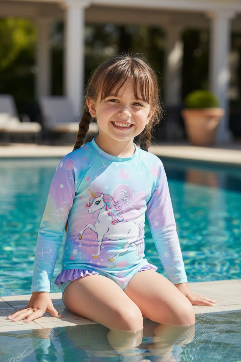 Traje de Baño Niña Manga Larga Unicornio Pastel – Protección UV y Volantes