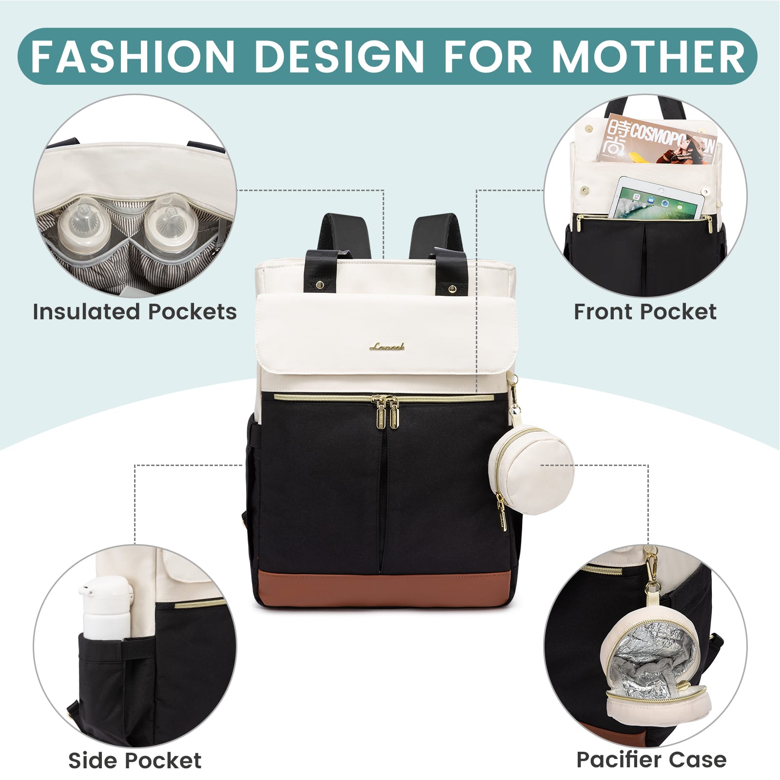 Mochila maternal elegante y funcional. Pañalera grande 2 en 1 con bolsillos térmicos