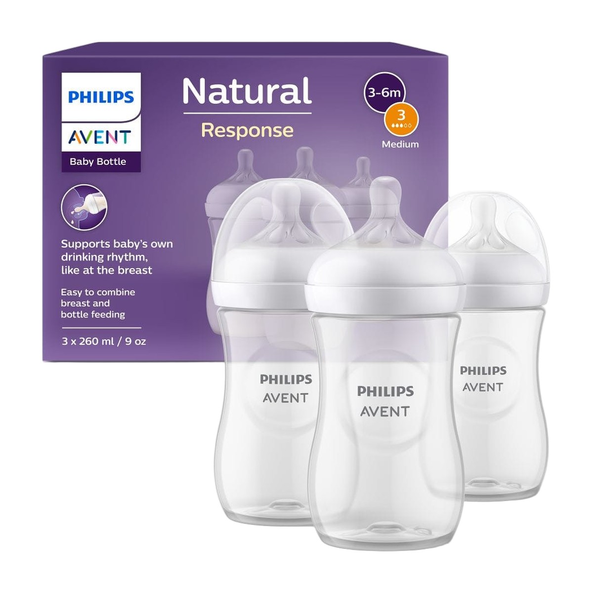 Mamaderas Natural Response Philips Avent 260 ml – Pack x3 (3m+)
