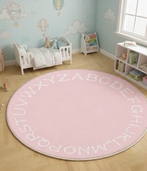 alfombra redonda y rosada infantil