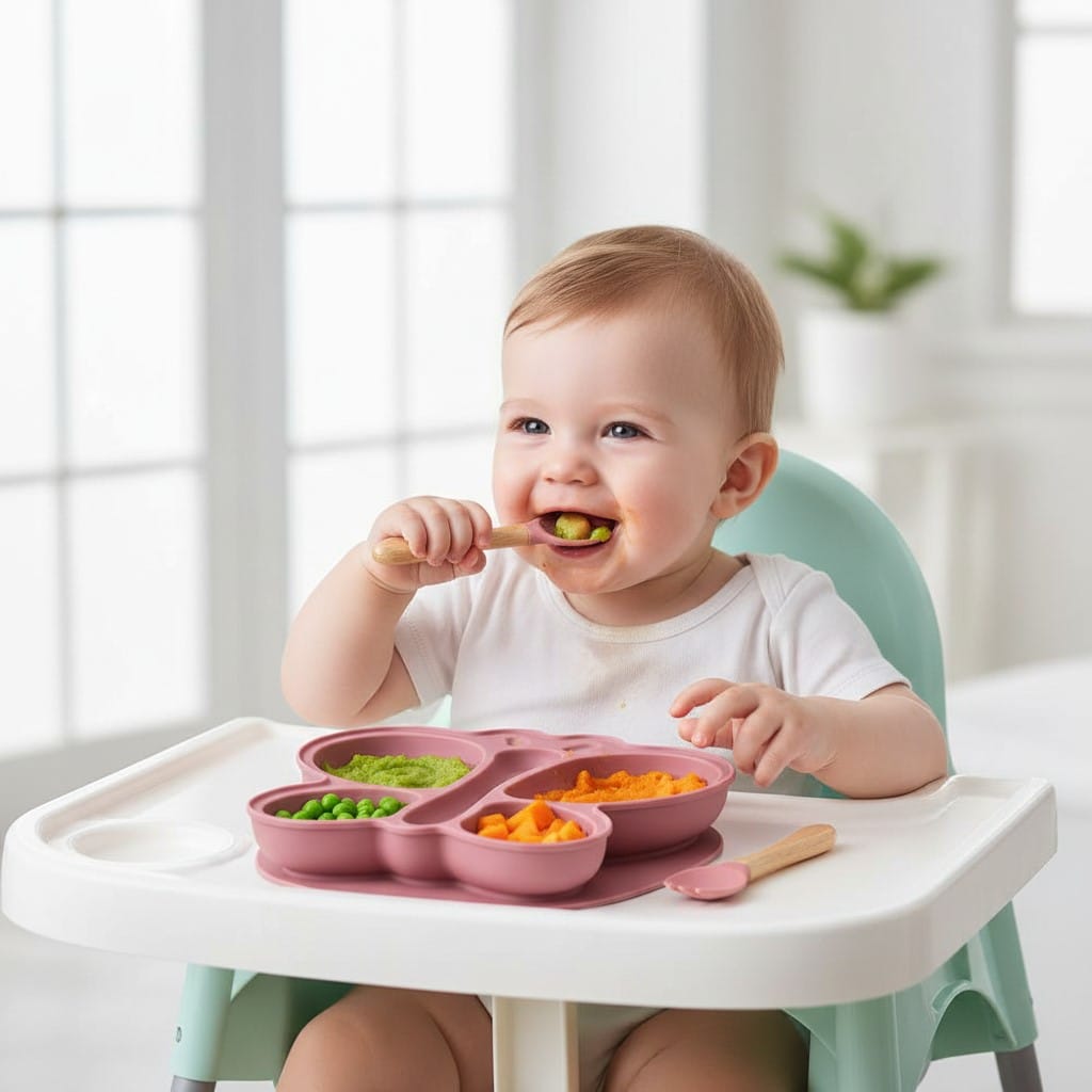 Bebe comiendo en plato mariposa
