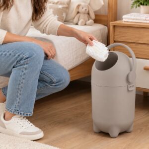 Mamá botando un pañal en el basurero SensiBlue gris cálido junto a la cama