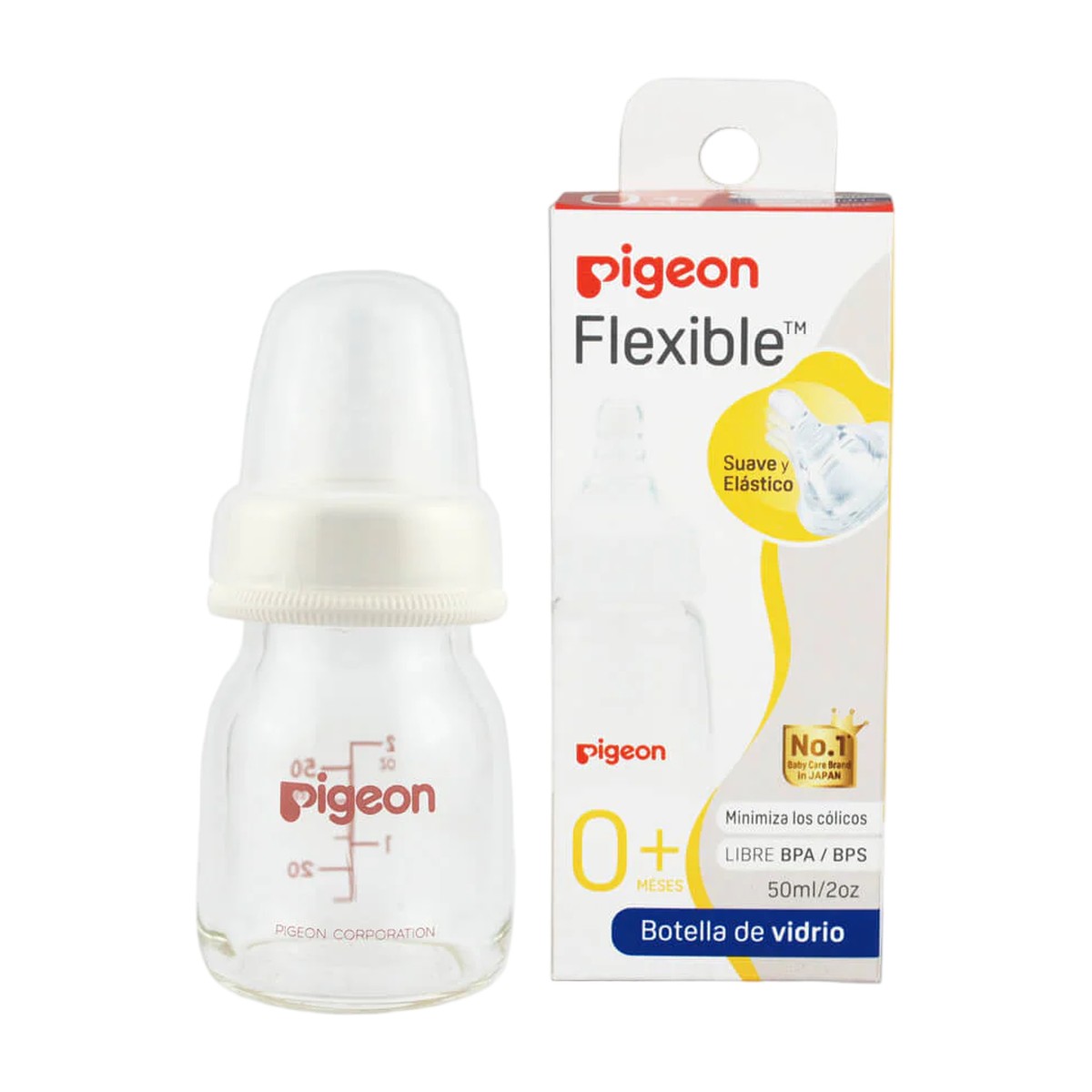 Biberón Pigeon Estándar De Vidrio 50 ml Blanco Anticólico Boca Standard
