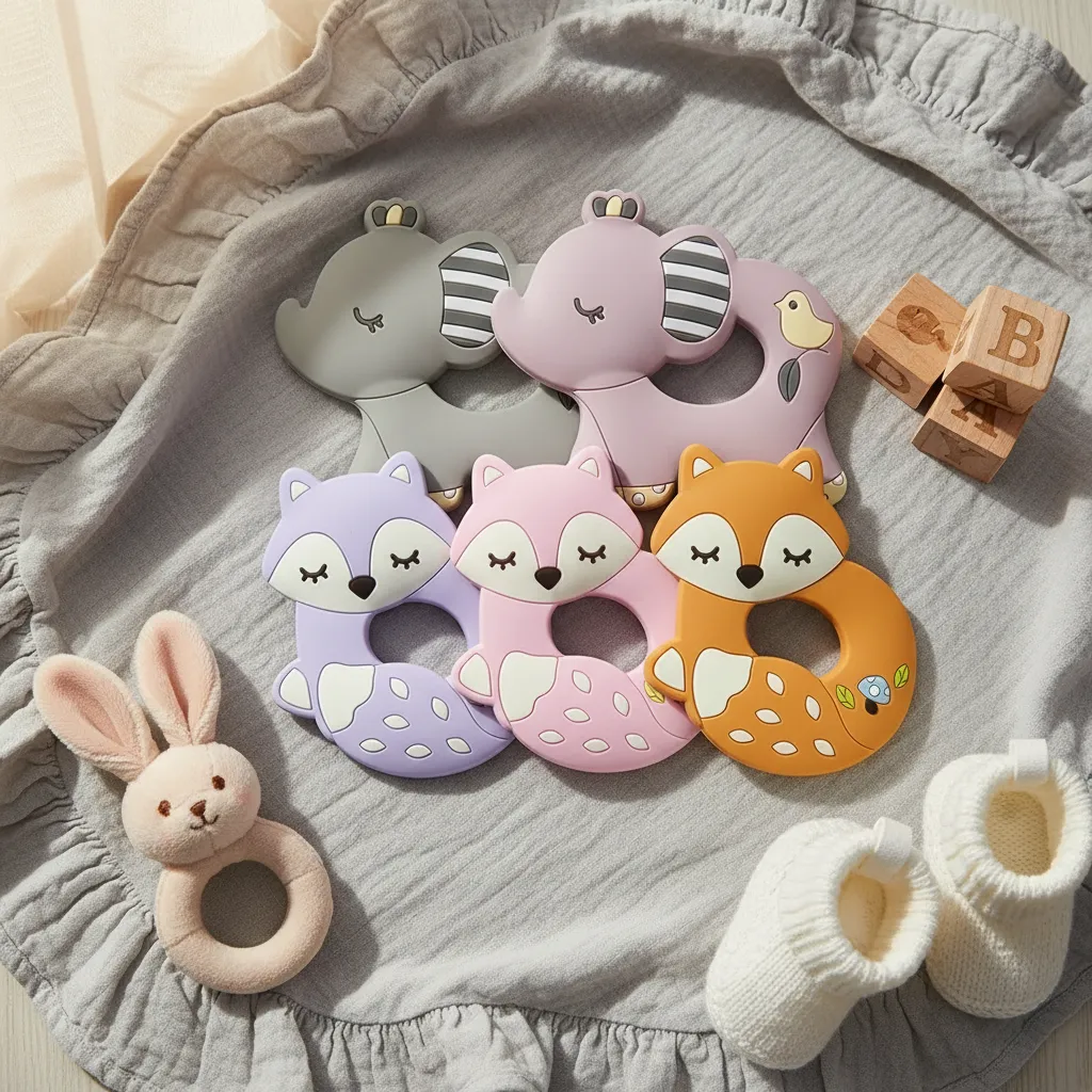 Set de Mordedores de Silicona para Bebé Pack x5 Diseños Elefante y Zorrito