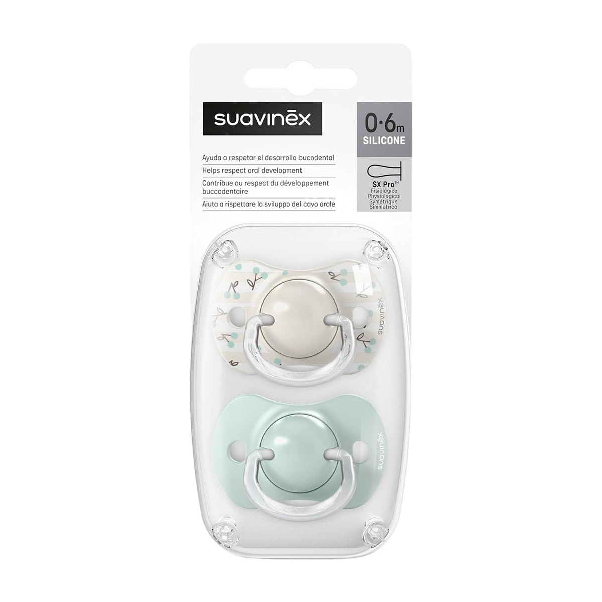 Pack chupetes Suavinex Birdies Verde con silicona ultra-suave avalado por SEOP — Estilo de Bebé