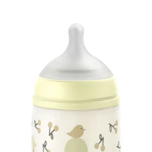 Mamadera Suavinex Birdies 270ml amarilla con tetina anticólicos — Estilo de Bebé