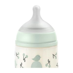 Mamadera Suavinex Birdies 270ml verde con tetina anticólicos — Estilo de Bebé