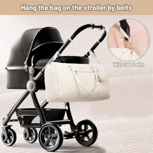 bolso-maternal-alma-lovevook-accesorios-muda-chupetero-correa Bolso maternal Alma color beige, mamá paseando con coche de bebé