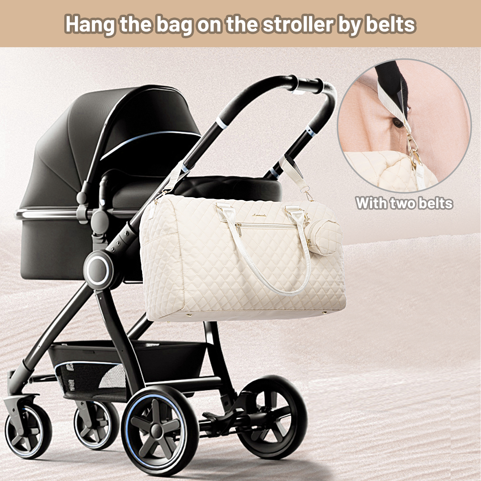 bolso-maternal-alma-lovevook-accesorios-muda-chupetero-correa Bolso maternal Alma color beige, mamá paseando con coche de bebé