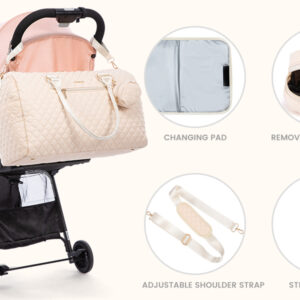 bolso-maternal-alma-lovevook-colgado-coche-silla-paseo-correas Bolso Alma como bolso de viaje con trolley y como bolso de hospital para el día del parto