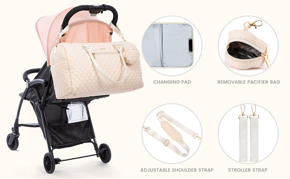 bolso-maternal-alma-lovevook-colgado-coche-silla-paseo-correas Bolso Alma como bolso de viaje con trolley y como bolso de hospital para el día del parto