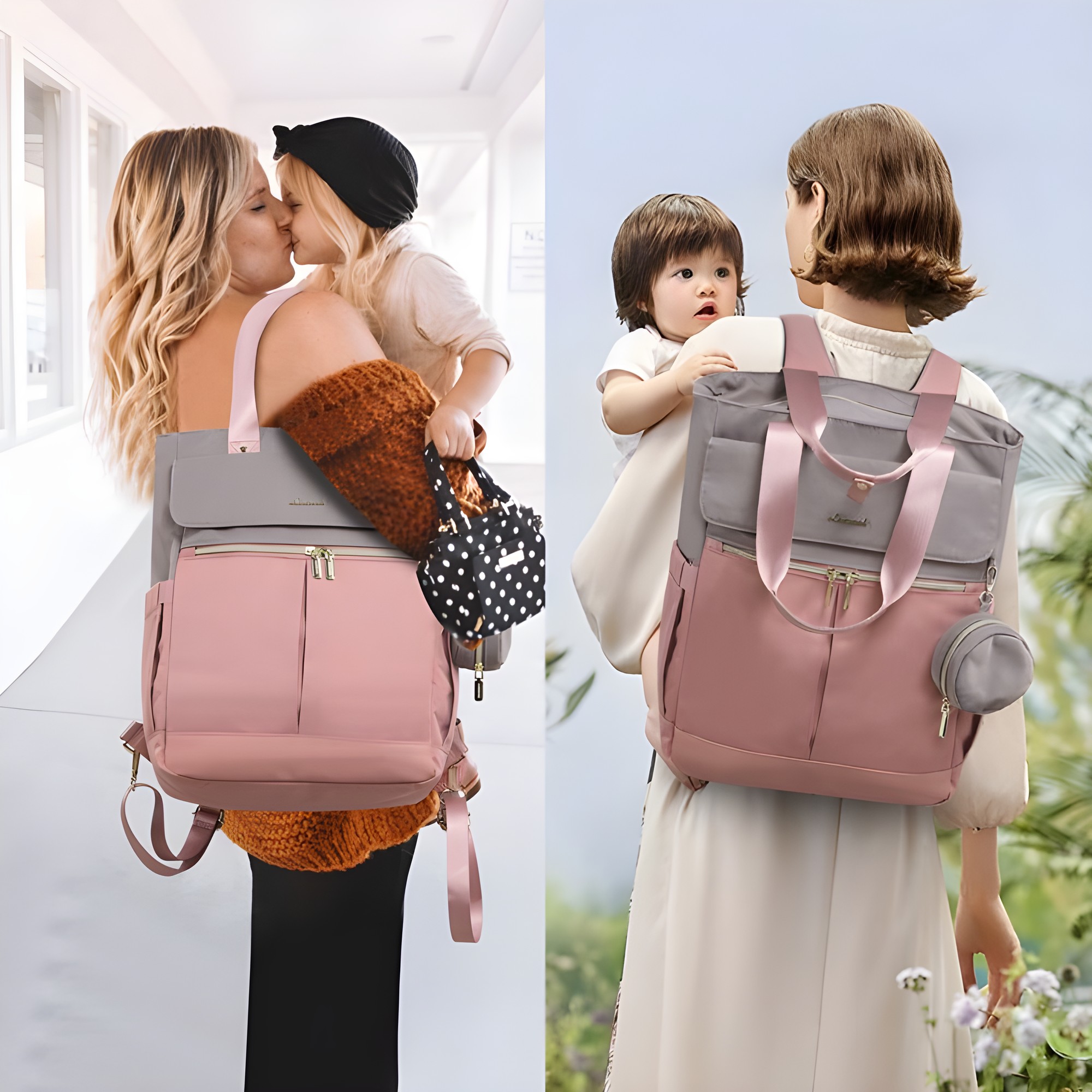 Bolso Maternal 2 en 1 Mochila y Bandolera Color Rosa – Práctico, Elegante y Gran Capacidad.