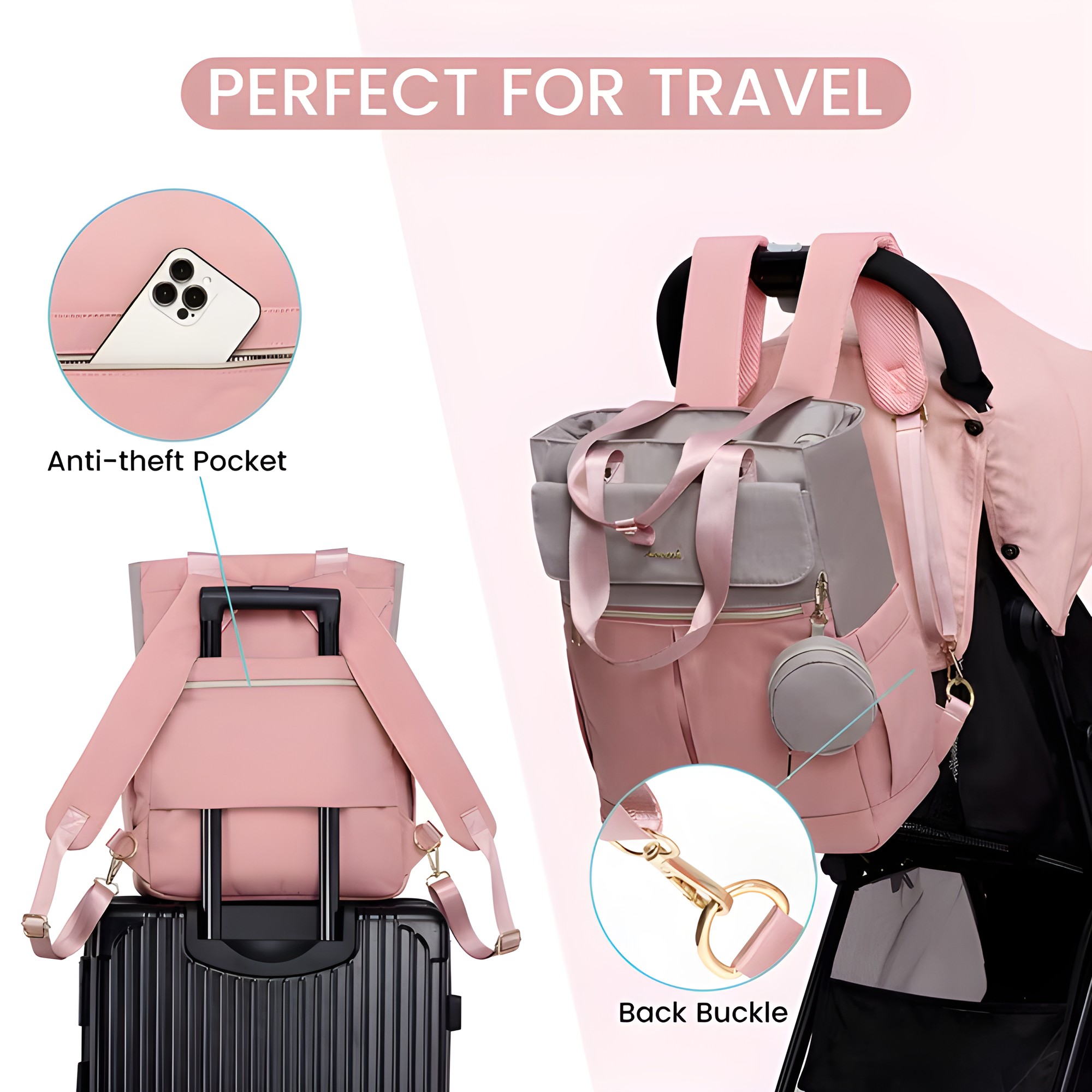 Bolso Maternal 2 en 1 Mochila y Bandolera Rosa – vista 2