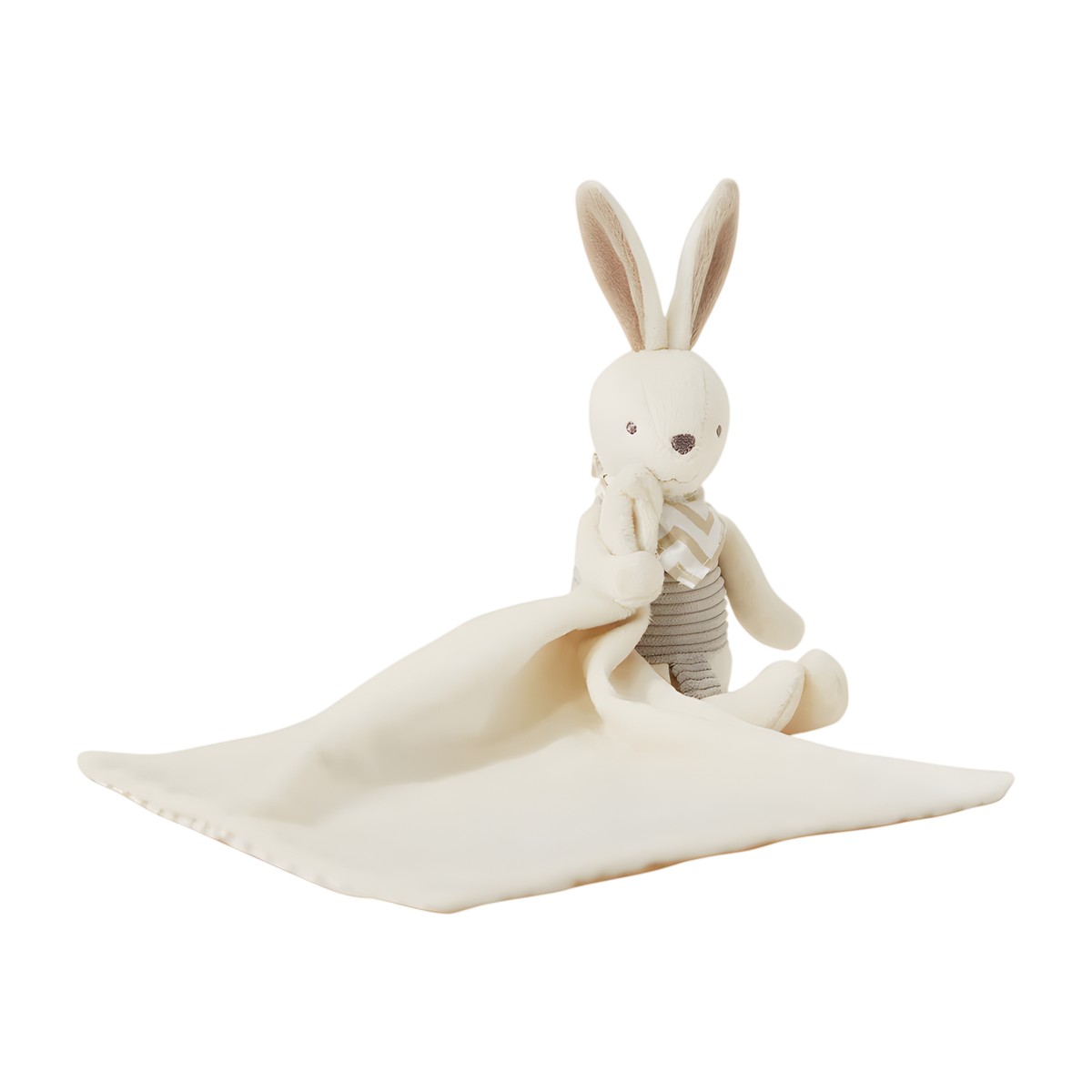 Manta de apego peluche conejo SensiBlue en velboa suave, tonos crema y negro. Ideal para momentos de calma de tu bebé.