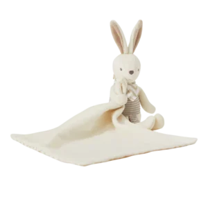 Manta de apego peluche conejo SensiBlue en velboa suave, tonos crema y negro. Ideal para momentos de calma de tu bebé.