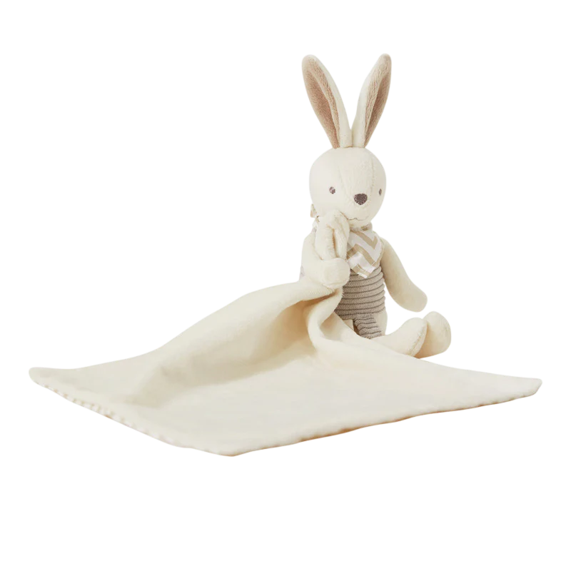 Manta de apego peluche conejo SensiBlue en velboa suave, tonos crema y negro. Ideal para momentos de calma de tu bebé.
