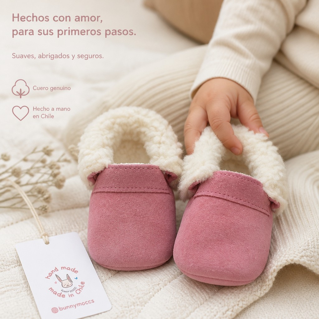 Zapatos bebé chiporro rosado Bunny Moccs, de cuero de reno forrado en chiporro con suela blanda.