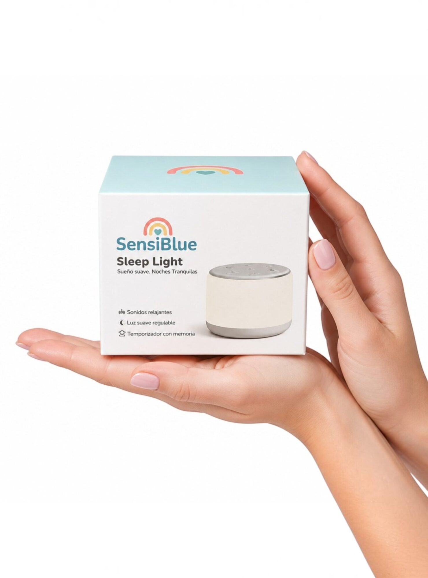 Máquina de ruido blanco SensiBlue: 34 sonidos, luz nocturna y RGB para que tu bebé duerma mejor.