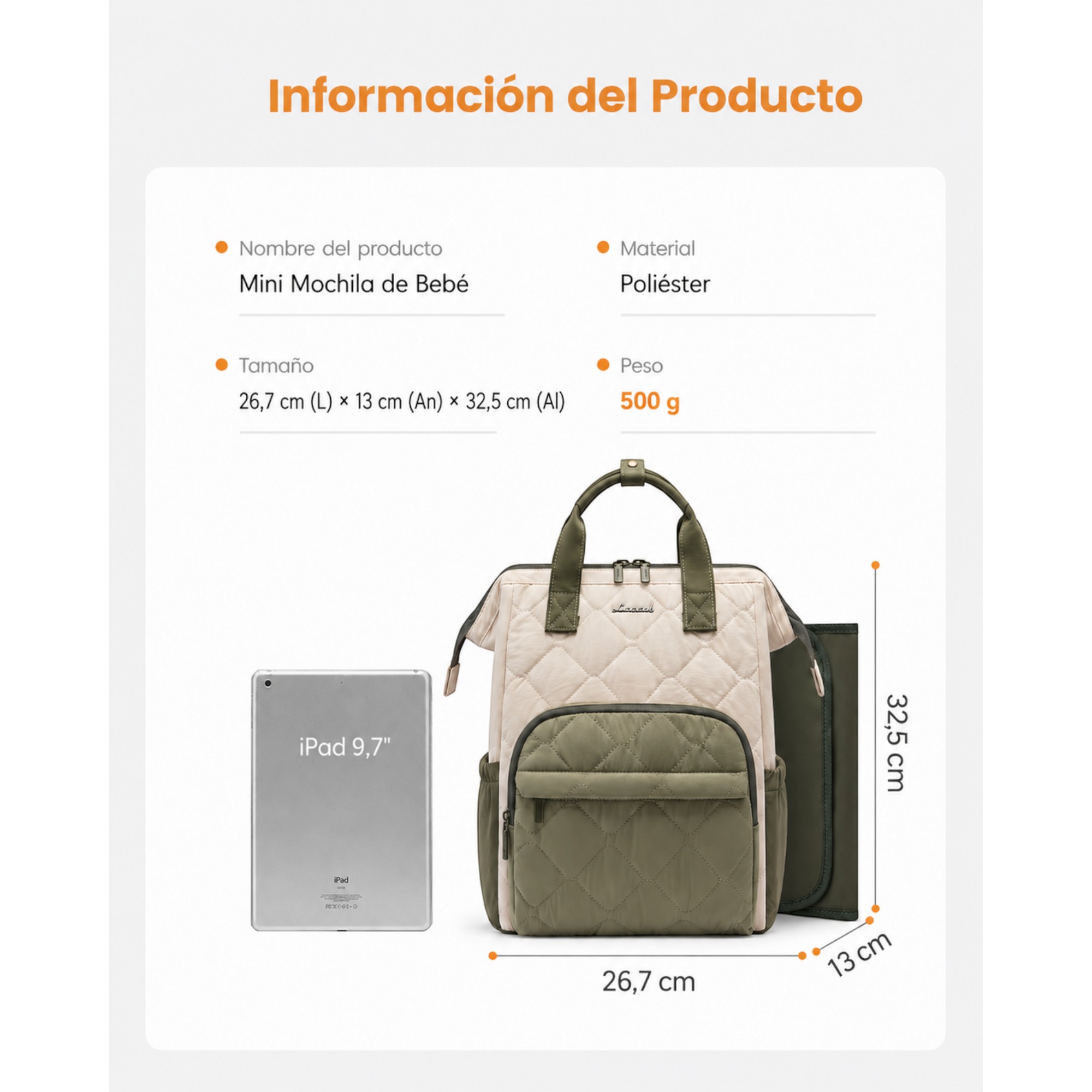 Bolso Maternal y Mochila Sandra medidas