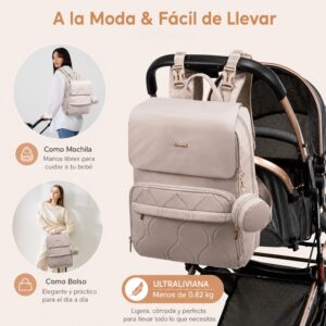 Mochila Pañalera Berta Acolchada Crema con Cambiador y Correas para Coche