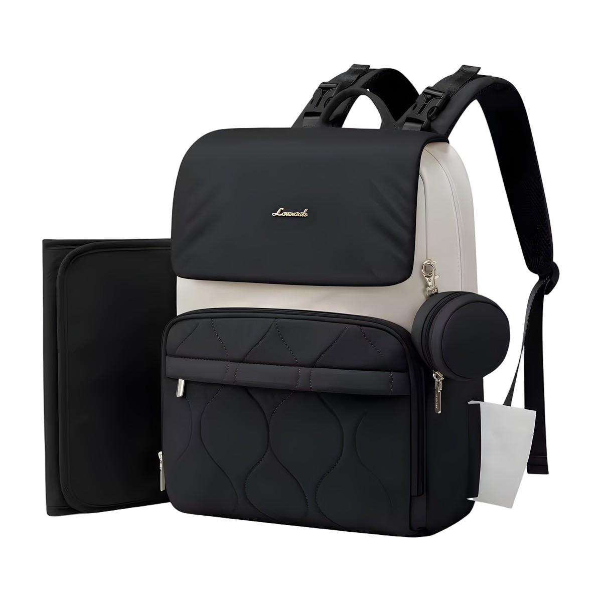 Mochila pañalera Berta color beige y negro con cambiador y bolsito para chupete