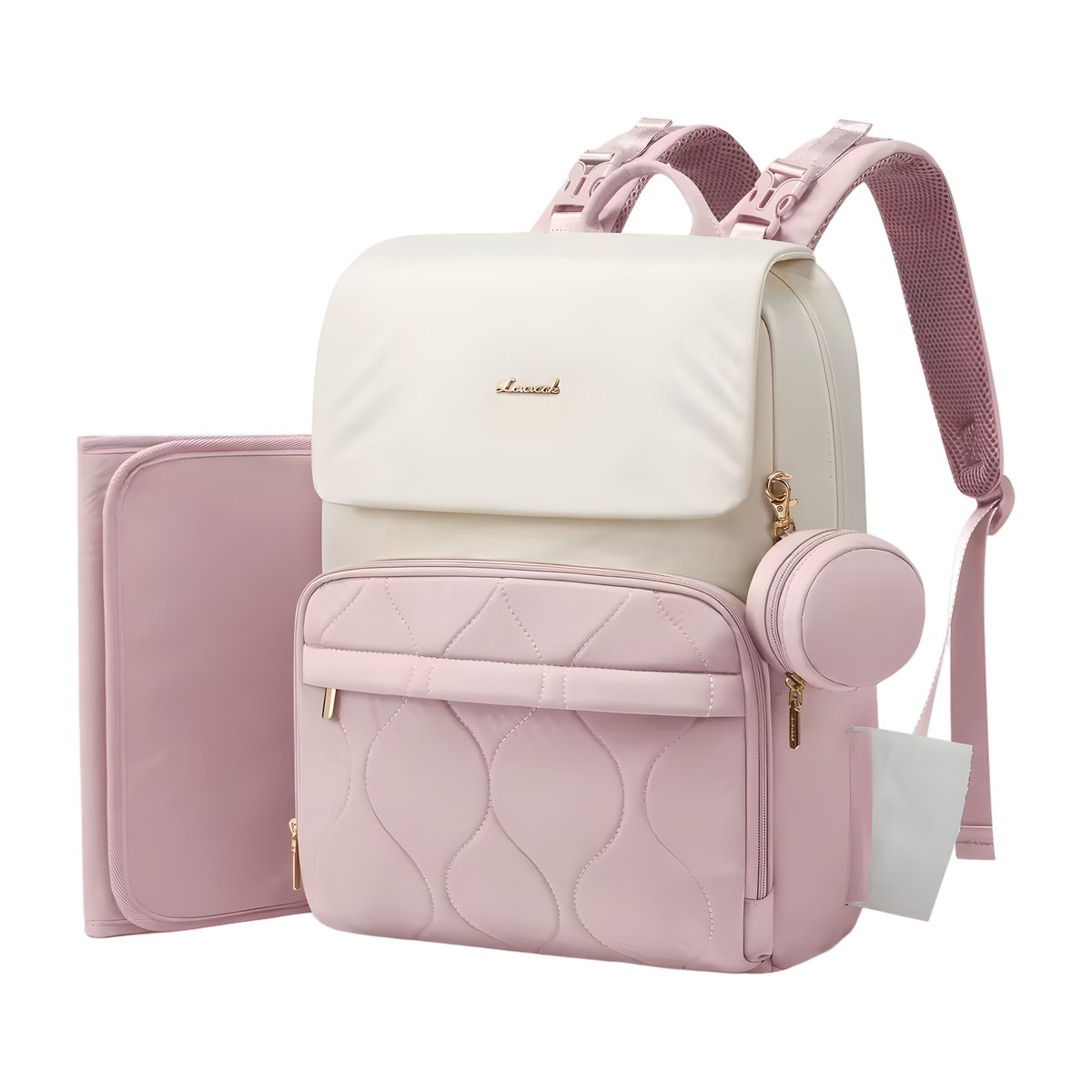 Mochila pañalera Berta color beige y rosa con cambiador y bolsito para chupete