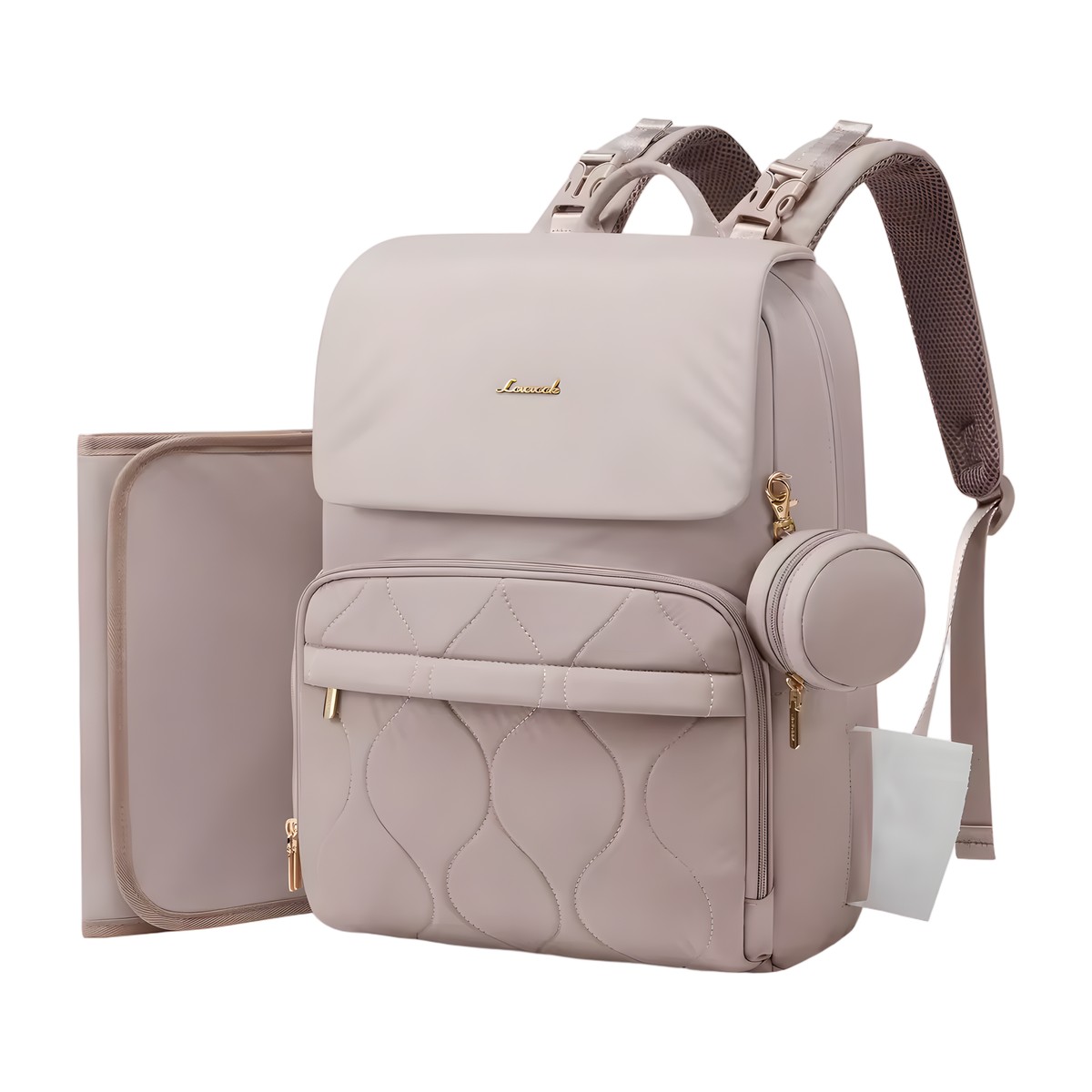 Mochila pañalera Berta color nude con cambiador y bolsito para chupete