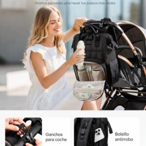 Bolso maternal Noa impermeable con 17 bolsillos, cambiador incluido y correas para coche.