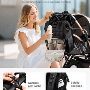 Bolso maternal Noa impermeable con 17 bolsillos, cambiador incluido y correas para coche.