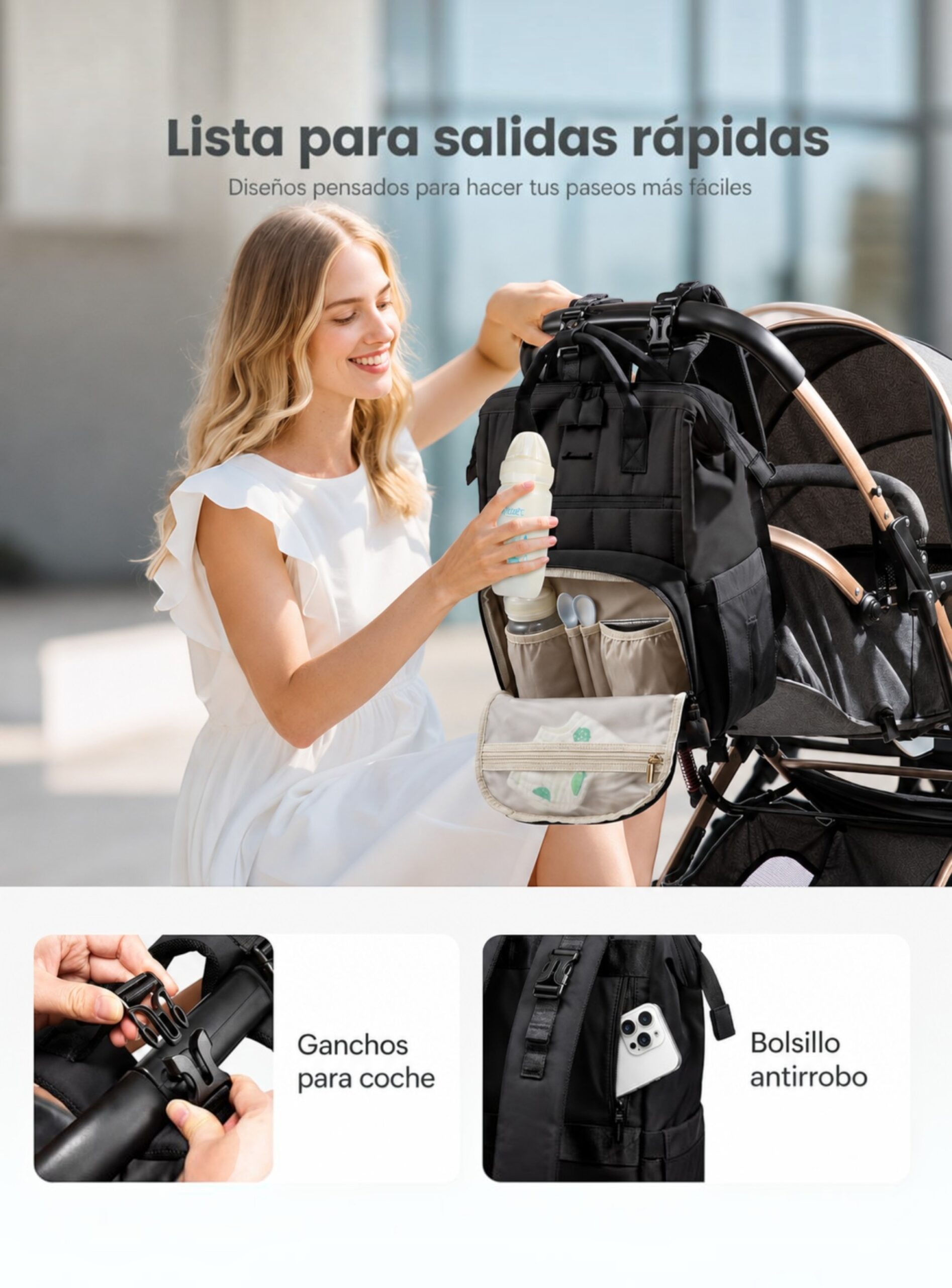 Bolso maternal Noa impermeable con 17 bolsillos, cambiador incluido y correas para coche.