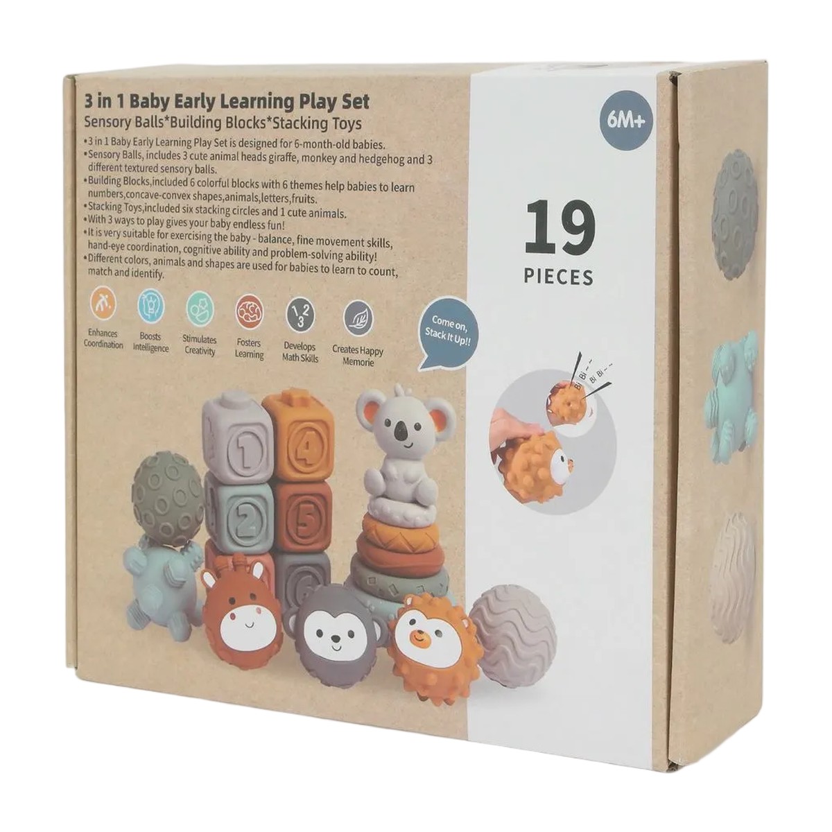 Set Sensorial 3 en 1 para Bebé 19 Piezas – Bloques, Anillos y Pelotas 6M+
