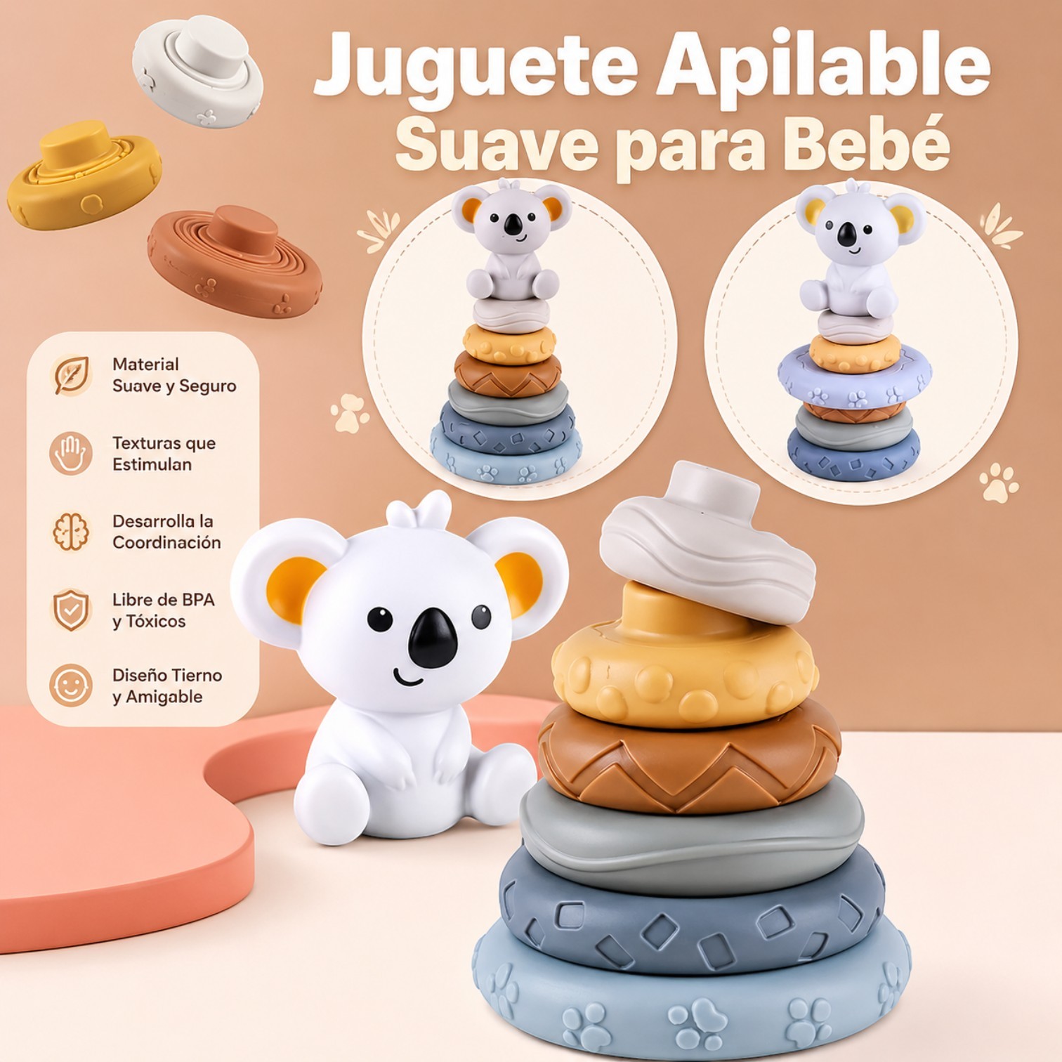 Koala Montessori con 6 anillos apilables de diferentes texturas
