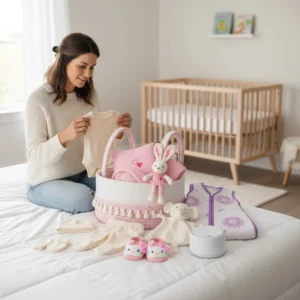 Set regalo premium para bebé recién nacido con ajuar 5 piezas, caddy rosado