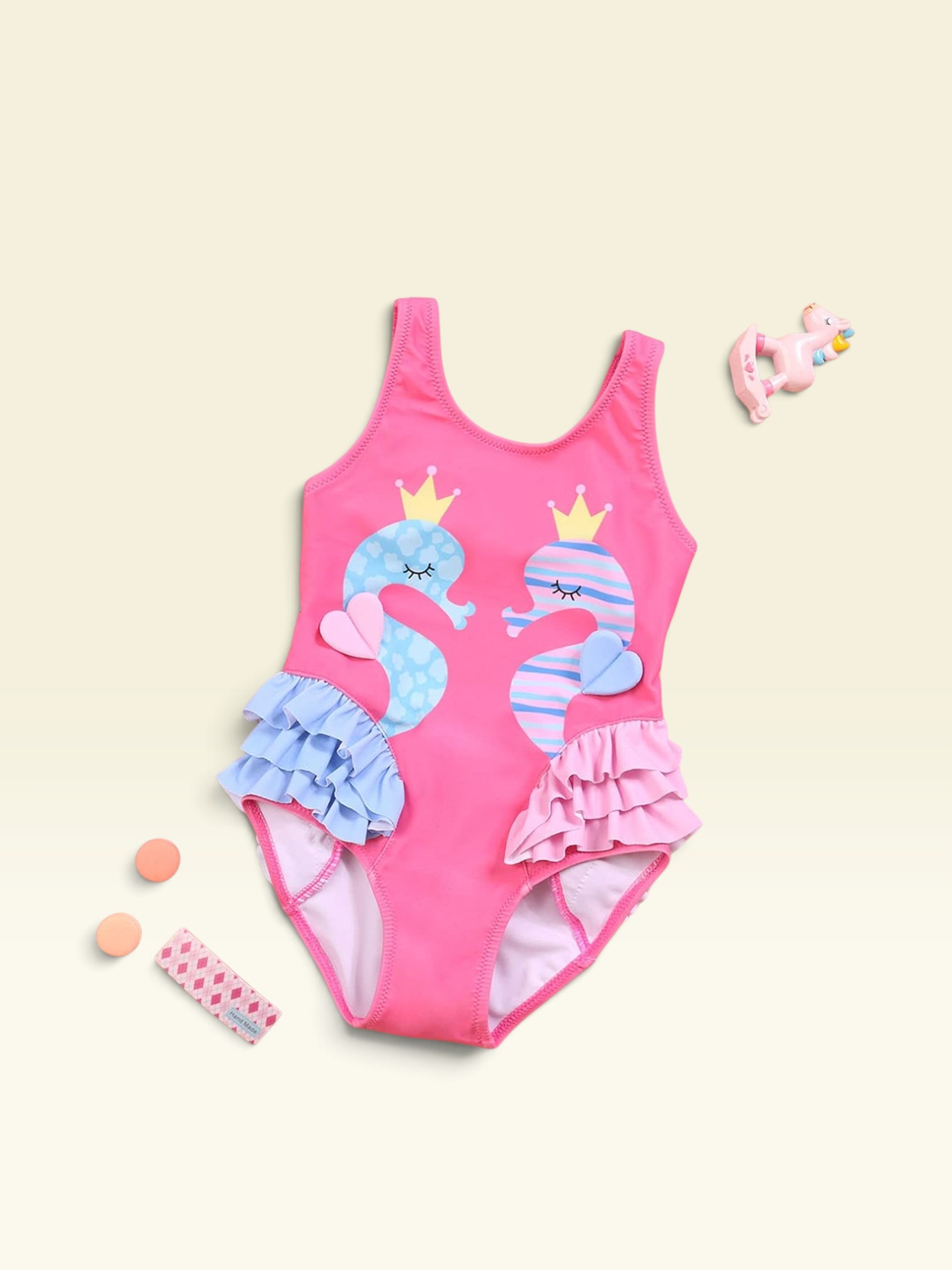 Traje de baño niña caballitos de mar con volantes | Tallas 18 meses a 8 años