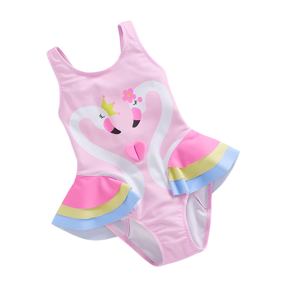 Traje de baño niña rosado con cisnes y vuelos de colores