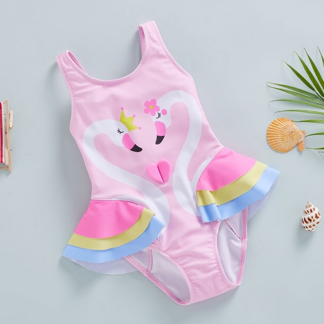 Traje de baño niña rosado con cisnes y vuelos de colores