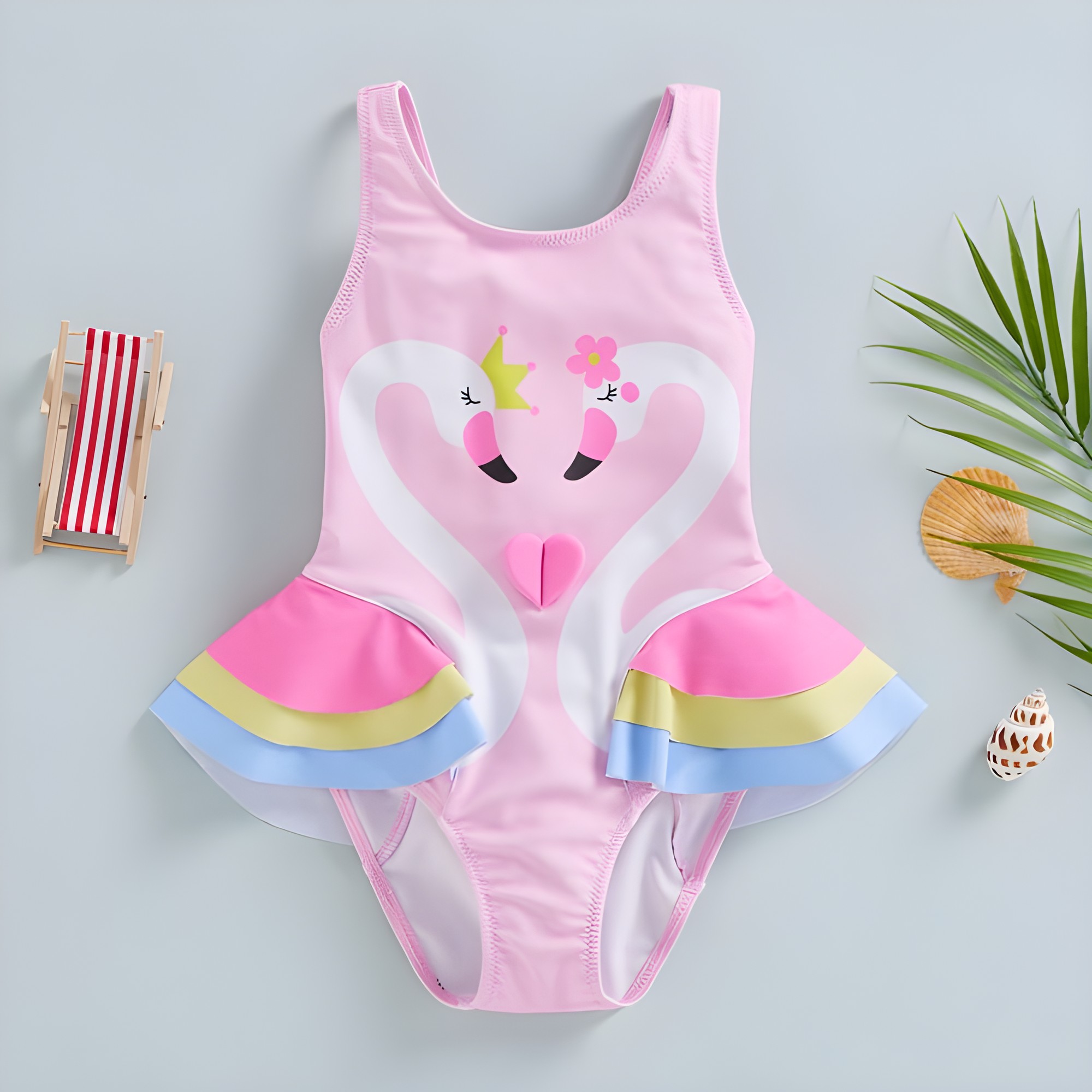 Traje de baño niña rosado con cisnes
