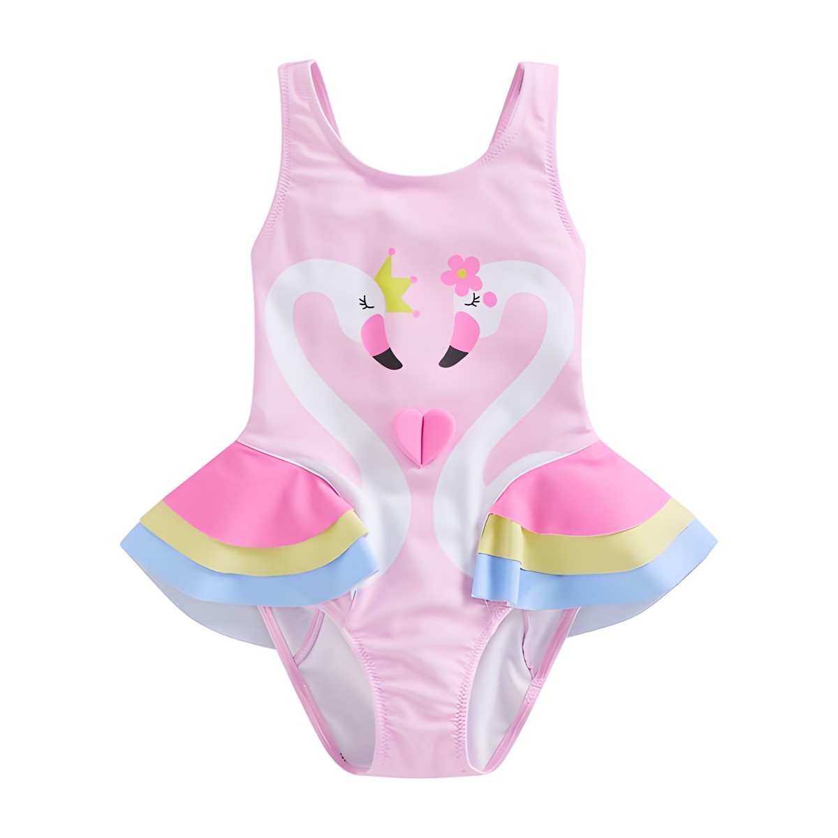 Traje de baño niña rosado con cisnes y vuelos de colores pastel
