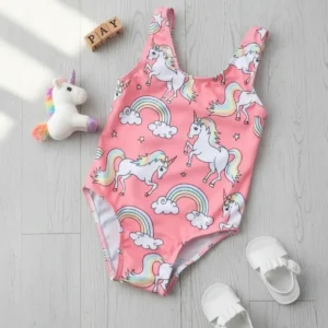 Traje de baño niña unicornios y arcoíris Rosado
