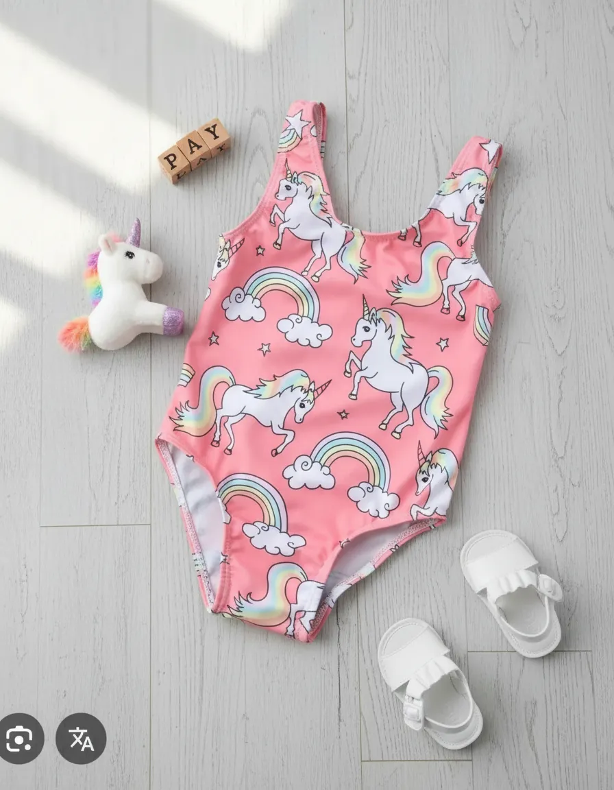 Traje de baño niña unicornios y arcoíris Rosado