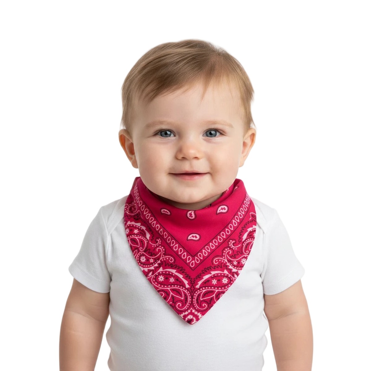 Bebé usando el babero bandana de algodón, diseño paisley fucsia