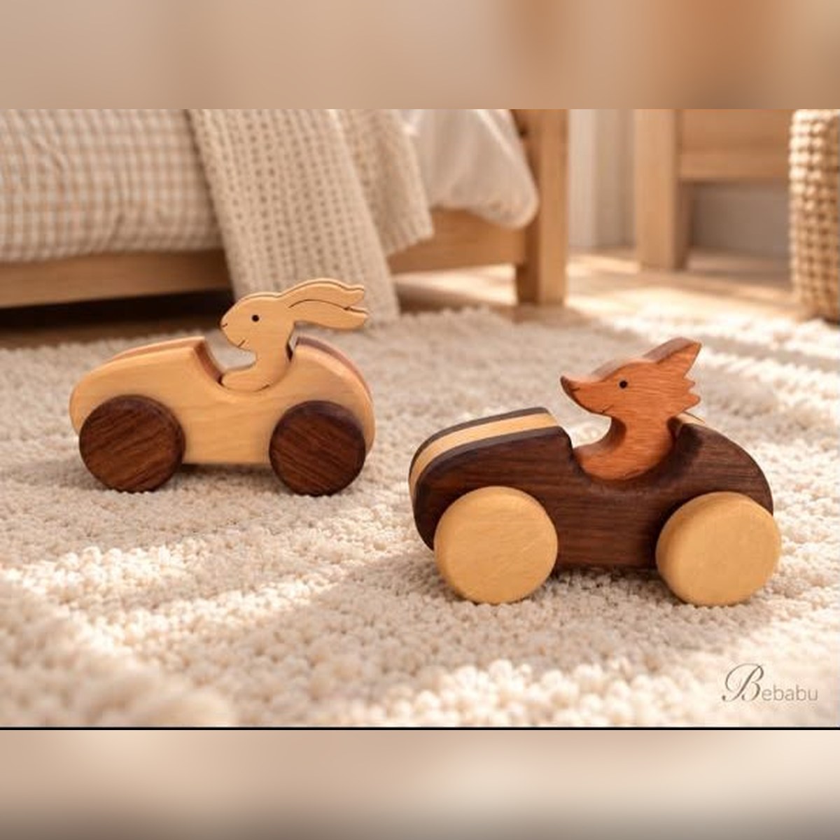 Set de 2 Autos de Madera con Zorro y Conejo Bebabu