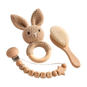 Set Recién Nacido: Portachupete, Cepillo y Conejito a Crochet Bebabu