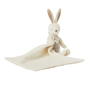 Manta de apego peluche conejo SensiBlue en velboa suave, tonos crema y negro. Ideal para momentos de calma de tu bebé.