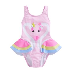 Traje de baño niña rosado con cisnes y vuelos de colores pastel